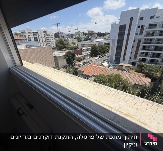 נוף עירוני מבעד לחלון עם דוקרנים למניעת ציפורים